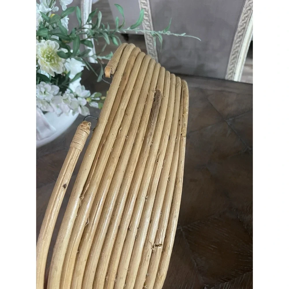 Vtg Pencil Reed Oval‎ Handled Basket Coiled Natural Bamboo Boho 1970s MCM
